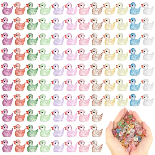 Halinuia 120 Stück Glitzernde Mini Harz Enten 12 Farben Kleine Enten Mini Resin Duck Mini Enten Bunte Figuren für Aquarium Garten Landschaft Puppenhaus Handwerk Topfdekorationen DIY von Halinuia