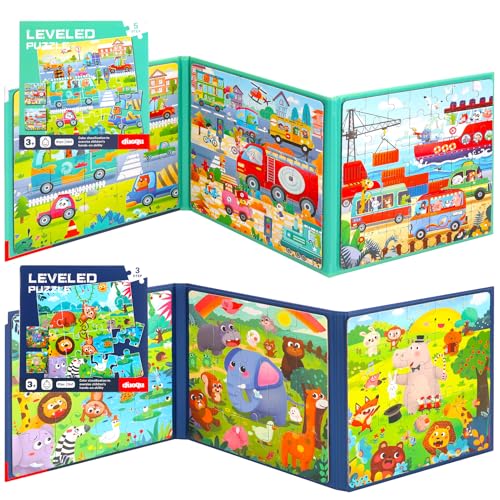 Halinuia 158 Stück Magnetpuzzle für Kinder 2 3 4 5 6 Jahre, tragbares Puzzle 3 in 1 Lernspiel, Reisespiele für Kinder Geschenk Spielzeug im Flugzeug Auto Zug von Halinuia