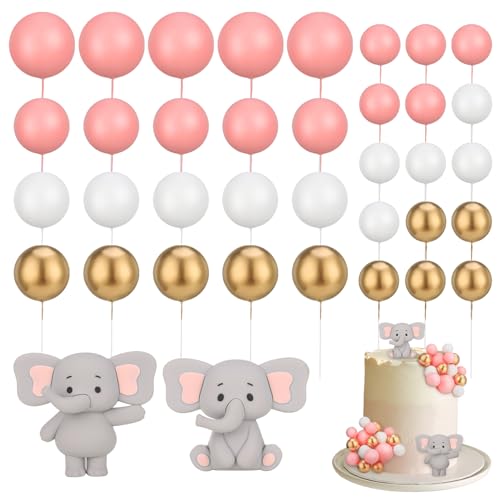 Halinuia 37 Stück Tortendeko Kugeln Rosa mit Niedlichem Tortendeko Elefant Set Schaumkugeln Topper Perlen Kugel Kuchen DIY Kuchen Deko für Babyparty Deko Mädchen Jungen Geburtstag Kuchendeko von Halinuia