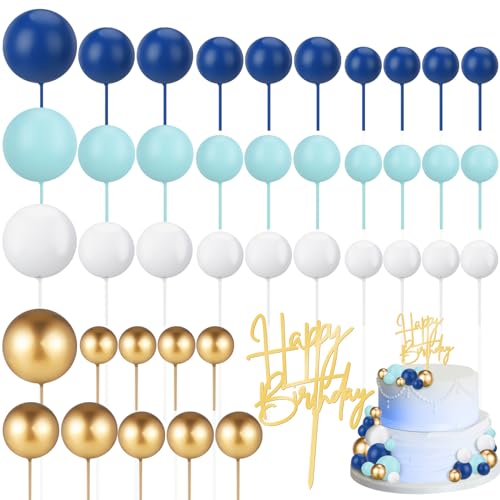 Halinuia 41 Stück Tortendeko Kugeln mit Happy Birthday Topper Kuchendeko Set Schaum Ball Cupcake Topper Ballon Kuchenkugel Kuchen Topper für Geburtstag Hochzeit Party DIY Tortendeko(Blau,Weiß) von Halinuia