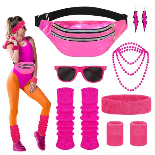 Halinuia 80er Jahre Outfit Damen Rosa Set Enthalten Ohrring Halskette Bauchtasche Stirnband Armband Sonnenbrille Beinlinge 80er Jahre Kleidung Kostüm Neon Accessoires für Karneval Thema Party von Halinuia