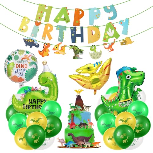 Halinuia 43 stück Dino Geburtstag Deko, Dino Tortendeko Luftballon Geburtstagsdeko für Junge Kindergeburtstag Dinosaurier Party Dekoration Happy Birthday Banner für Dschungel Party Kinder von Halinuia