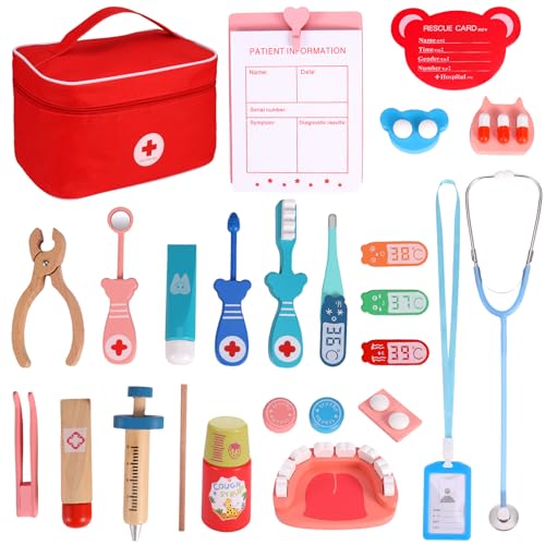 Halinuia Doktor-Koffer für Kinder, für Mädchen und Jungen, 3, 4, 5, 6 Jahre, medizinisches Spielzeug mit echtem Stethoskop, Thermometer, Arztkittel und tragbarer Arzttasche von Halinuia