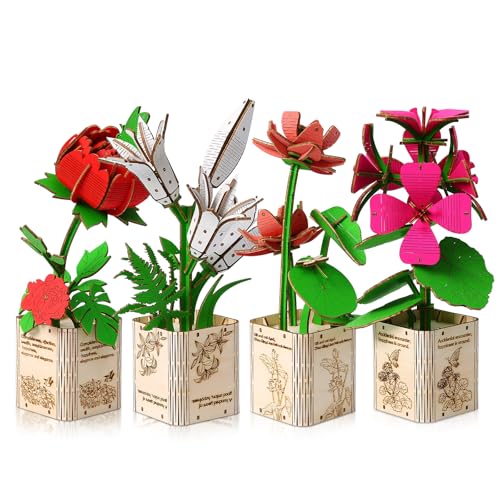 Hallisun 3D Puzzle für Erwachsene, 3D Puzzle DIY Holzblumen Bastelset, Inklusive Pfingstrose Lilie Lotus Geranie, DIY Blumen Modellbausatz, Geschenk zum Muttertag Weihnachten Valentinstag Geburtstag von Hallisun