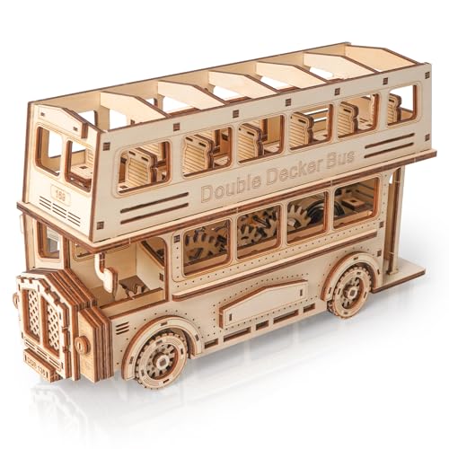 Hallisun 3D Puzzles Doppeldecker Bus Holzmodellbausatz, Selbstbau Busbau Bastelset mit mechanischem Getriebe, Stadtstraßenbahn Modellspielzeug für 14+, als Geschenk oder Sammlung, 349 Teile von Hallisun