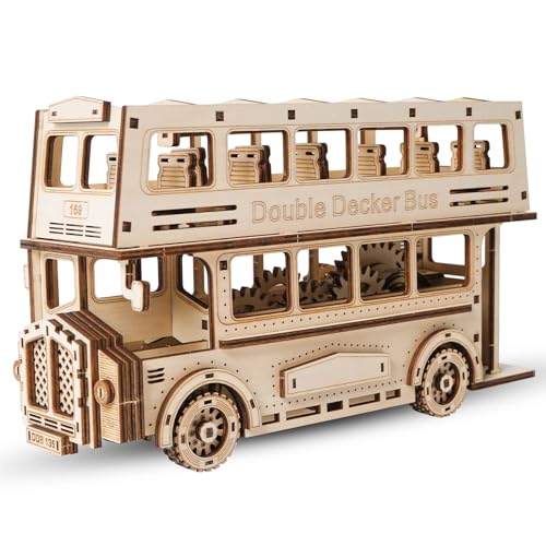 Hallisun 3D Puzzles Doppeldecker Bus Holzmodellbausatz, Selbstbau Busbau Bastelset mit mechanischem Getriebe, Stadtstraßenbahn Modellspielzeug für 14+, als Geschenk oder Sammlung, 349 Teile von Hallisun