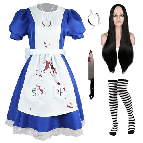 Hallojojo Alice Cosplay Kostüm mit Perücke und Zubehör French Maid Dress Alice Madness Returns Verkleidung Dienstmädchen Kostüm Weihnachten Halloween Karneval Party Fancy Kostüm für Erwachsene von Hallojojo