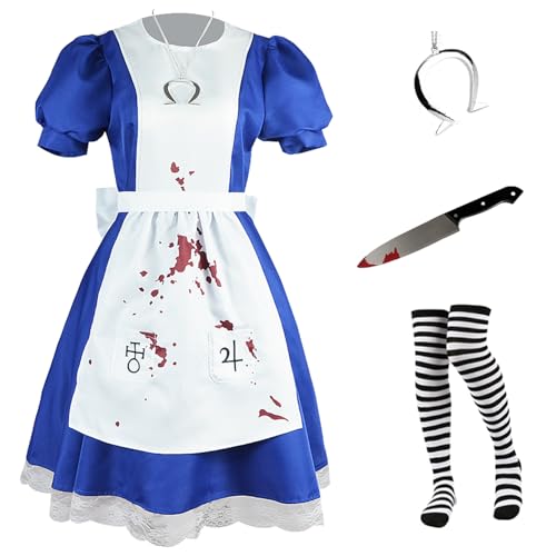 Hallojojo Alice Cosplay Kostüm mit Perücke und Zubehör French Maid Dress Alice Madness Returns Verkleidung Dienstmädchen Kostüm Weihnachten Halloween Karneval Party Fancy Kostüm für Erwachsene von Hallojojo