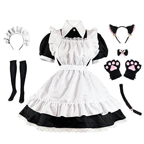 Hallojojo Britisches Maid Dress Anime Maid Kleid mit Katzenohr Set Dienstmädchen Kostüm Niedliche Lolita Kleid Halloween Karneval Cosplay Maid Kostüm von Hallojojo