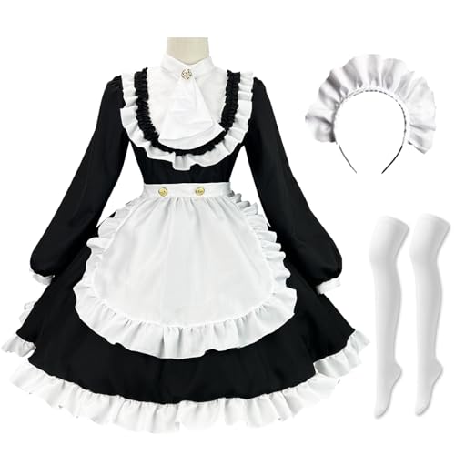 Hallojojo Britisches Maid Dress Damen Anime Outfit Maid Kleid Niedliche Lolita Kleid Dienstmädchen Kostüm für Café Restaurant Halloween Karneval Cosplay Maid Kostüm Komplettes Set Größe S-5XL von Hallojojo