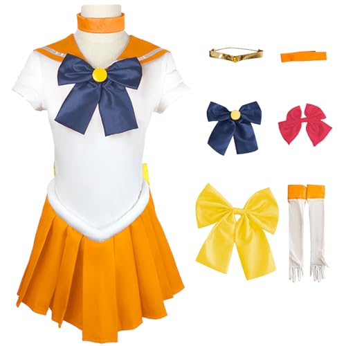 Hallojojo Damen Anime Sailor Moon Kostüm Set Aino Minako Cosplay Outfit Sailor Venus Verkleidung Japanisch Matrosen Uniform Weihnachten Halloween Karneval Party Bühnenauftritt Kostüm Orange von Hallojojo