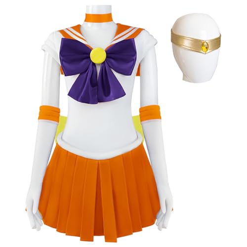 Hallojojo Damen Anime Sailor Moon Kostüm Set Aino Minako Cosplay Outfit Sailor Venus Verkleidung Japanisch Matrosen Uniform Weihnachten Halloween Karneval Party Bühnenauftritt Kostüm Orange von Hallojojo