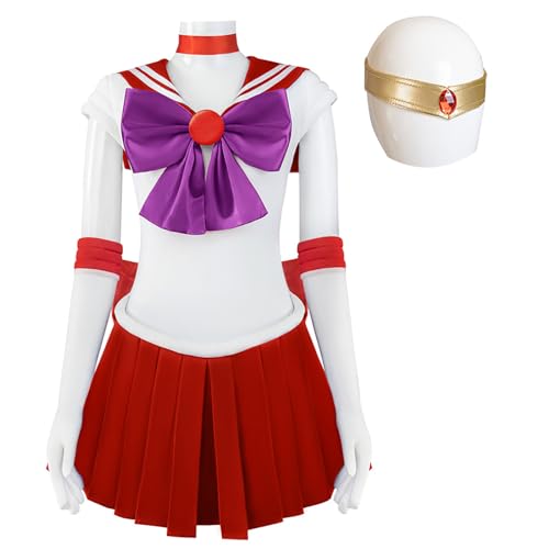 Hallojojo Damen Anime Sailor Moon Kostüm Set Hino Rei Cosplay Outfit Sailor Mars Verkleidung Japanisch Matrosen Uniform Weihnachten Halloween Karneval Party Bühnenauftritt Kostüm Rot von Hallojojo