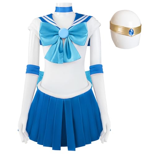 Hallojojo Damen Anime Sailor Moon Kostüm Set Mizuno Ami Cosplay Outfit Sailor Mercury Verkleidung Japanisch Matrosen Uniform Weihnachten Halloween Karneval Party Bühnenauftritt Kostüm Himmelblau von Hallojojo