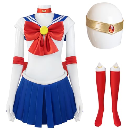 Hallojojo Damen Anime Sailor Moon Kostüm Set Tsukino Usagi Cosplay Outfit Sailor Moon Verkleidung Japanisch Matrosen Uniform Weihnachten Halloween Karneval Party Bühnenauftritt Kostüm Blau von Hallojojo