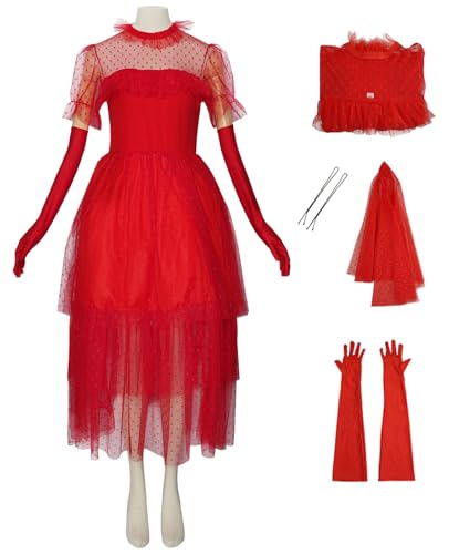 Hallojojo Damen Beetle J'uice Lydia Cosplay Kostüm Brautkle B'eetleJuice Verkleidung Rot Hochzeitskleid Gothic Kleid Weihnachten Halloween Karneval Party Fancy Kostüm für Erwachsene von Hallojojo