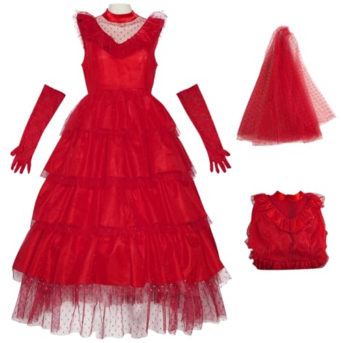 Hallojojo Damen Beetle J'uice Lydia Cosplay Kostüm Brautkle B'eetleJuice Verkleidung Rot Hochzeitskleid Gothic Kleid Weihnachten Halloween Karneval Party Fancy Kostüm für Erwachsene von Hallojojo