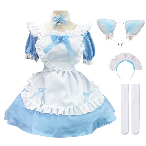 Hallojojo Damen French Maid Dress Anime Outfit Maid Cosplay Kleid Niedliche Lolita Kleid Dienstmädchen Kostüm für Café Restaurant Halloween Karneval Maid Kostüm Komplettes Set Größe S-5XL von Hallojojo