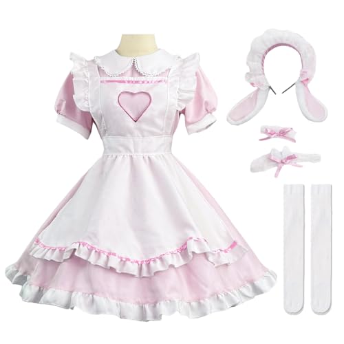 Hallojojo Damen French Maid Dress Anime Outfit Maid Cosplay Kleid Niedliche Lolita Kleid Dienstmädchen Kostüm für Café Restaurant Halloween Karneval Maid Kostüm Komplettes Set Größe S-5XL von Hallojojo