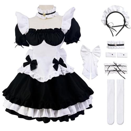 Hallojojo Damen French Maid Dress Anime Outfit Maid Cosplay Kleid Niedliche Lolita Kleid Dienstmädchen Kostüm für Café Restaurant Halloween Karneval Maid Kostüm Komplettes Set Größe S-5XL von Hallojojo