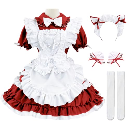 Hallojojo Damen French Maid Dress Anime Outfit Maid Cosplay Kleid Niedliche Lolita Kleid Dienstmädchen Kostüm für Café Restaurant Halloween Karneval Maid Kostüm Komplettes Set Größe S-5XL von Hallojojo