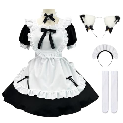 Hallojojo Damen French Maid Dress Anime Outfit Maid Cosplay Kleid Niedliche Lolita Kleid Dienstmädchen Kostüm für Café Restaurant Halloween Karneval Maid Kostüm Komplettes Set Größe S-5XL von Hallojojo