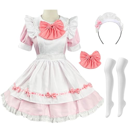 Hallojojo Damen French Maid Dress Anime Outfit Maid Kleid Niedliche Lolita Kleid Dienstmädchen Kostüm für Café Restaurant Halloween Karneval Cosplay Maid Kostüm Komplettes Set Größe S-5XL von Hallojojo