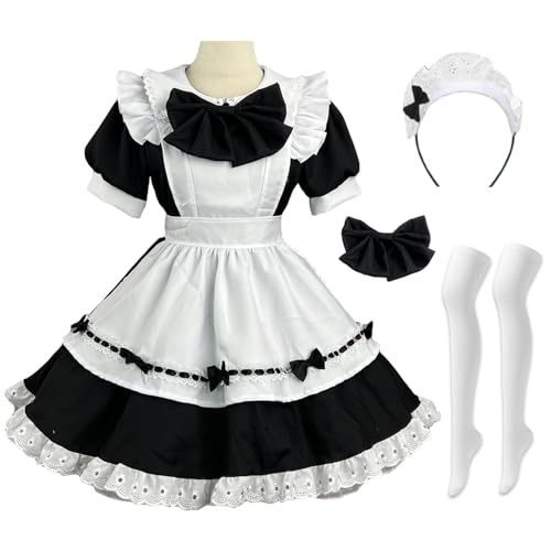 Hallojojo Damen French Maid Dress Anime Outfit Maid Kleid Niedliche Lolita Kleid Dienstmädchen Kostüm für Café Restaurant Halloween Karneval Cosplay Maid Kostüm Komplettes Set Größe S-5XL von Hallojojo