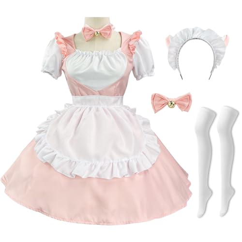 Hallojojo Damen French Maid Dress Anime Outfit Maid Kleid Niedliche Lolita Kleid Dienstmädchen Kostüm für Café Restaurant Halloween Karneval Cosplay Maid Kostüm Komplettes Set Größe S-5XL von Hallojojo