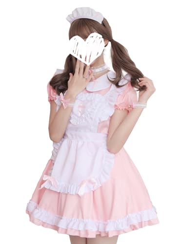 Hallojojo Damen French Maid Dress Anime Outfit Maid Kleid Niedliche Lolita Kleid Dienstmädchen Kostüm für Café Restaurant Halloween Karneval Cosplay Maid Kostüm Komplettes Set Größe S-5XL von Hallojojo