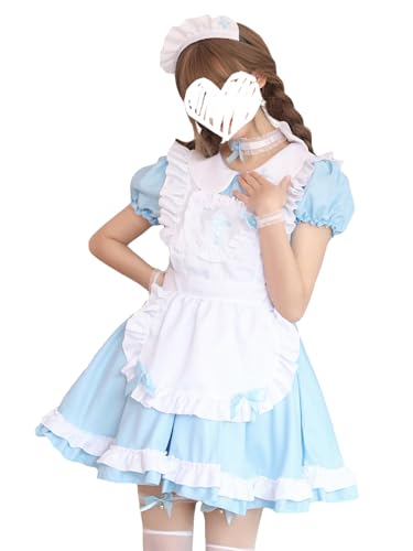 Hallojojo Damen French Maid Dress Anime Outfit Maid Kleid Niedliche Lolita Kleid Dienstmädchen Kostüm für Café Restaurant Halloween Karneval Cosplay Maid Kostüm Komplettes Set Größe S-5XL von Hallojojo