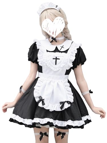 Hallojojo Damen French Maid Dress Anime Outfit Maid Kleid Niedliche Lolita Kleid Dienstmädchen Kostüm für Café Restaurant Halloween Karneval Cosplay Maid Kostüm Komplettes Set Größe S-5XL von Hallojojo