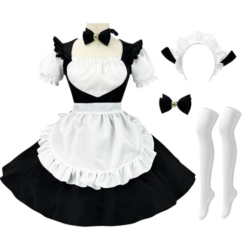 Hallojojo Damen French Maid Dress Anime Outfit Maid Kleid Niedliche Lolita Kleid Dienstmädchen Kostüm für Café Restaurant Halloween Karneval Cosplay Maid Kostüm Komplettes Set Größe S-5XL von Hallojojo