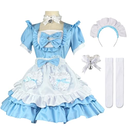 Hallojojo Damen French Maid Dress Anime Outfit Maid Kleid Niedliche Lolita Kleid Dienstmädchen Kostüm für Café Restaurant Halloween Karneval Cosplay Maid Kostüm Komplettes Set Größe S-5XL von Hallojojo