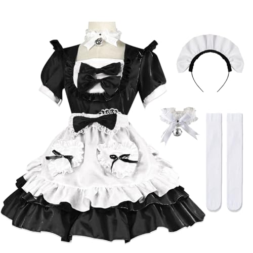 Hallojojo Damen French Maid Dress Anime Outfit Maid Kleid Niedliche Lolita Kleid Dienstmädchen Kostüm für Café Restaurant Halloween Karneval Cosplay Maid Kostüm Komplettes Set Größe S-5XL von Hallojojo