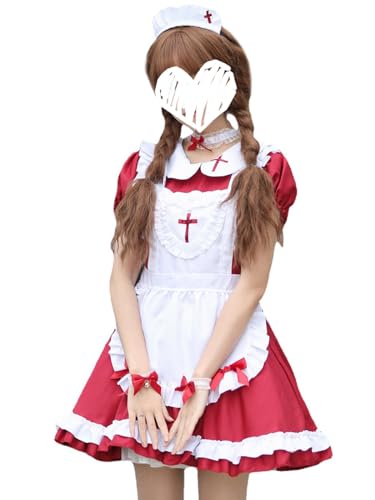 Hallojojo Damen French Maid Dress Anime Outfit Maid Kleid Niedliche Lolita Kleid Dienstmädchen Kostüm für Café Restaurant Halloween Karneval Cosplay Maid Kostüm Komplettes Set Größe S-5XL von Hallojojo