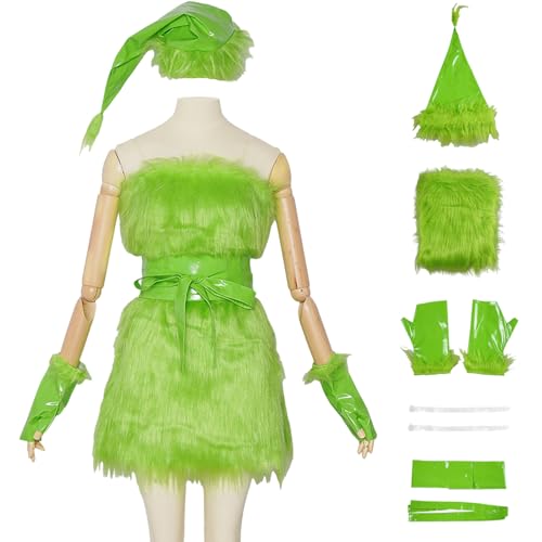 Hallojojo Damen Grinch Kostüm Weihnachten Grüne Monster Verkleidung mit Zubehör Grinch Cosplay Uniform Weihnachten Halloween Karneval Party Fancy Kostüm für Erwachsene von Hallojojo