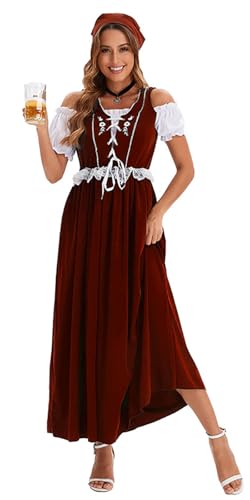 Hallojojo Damen Oktoberfest Outfit Trachtenkleid 2 Teilig Trachtenrock Kopftuch Dirndl Kleid Bayerisches Kostüm Dirndlkleider Maid Dress Halloween Karneval Bar Party Kostüm Grün/Rot/Braun von Hallojojo