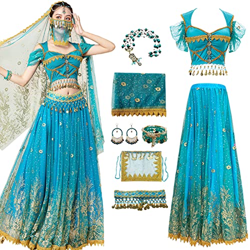 Hallojojo Damen Prinzessin Jasmin Kostüm mit Zubehör Arabische Prinzessin Verkleidung Prinzessin Aladdin Kostüm Bauchtanz Outfit Halloween Karneval Party Bühnenauftritt Kostüm für Erwachsene von Hallojojo