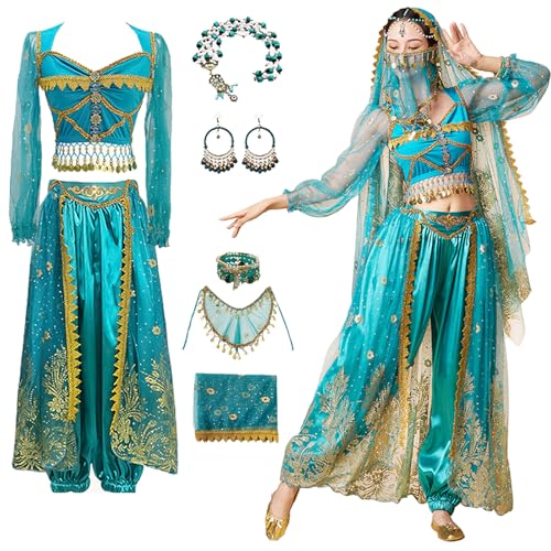 Hallojojo Damen Prinzessin Jasmin Kostüm mit Zubehör Arabische Prinzessin Verkleidung Prinzessin Aladdin Kostüm Bauchtanz Outfit Halloween Karneval Party Bühnenauftritt Kostüm für Erwachsene von Hallojojo