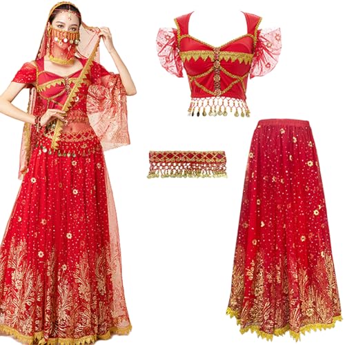 Hallojojo Damen Prinzessin Jasmin Kostüm mit Zubehör Arabische Prinzessin Verkleidung Prinzessin Aladdin Kostüm Bauchtanz Outfit Halloween Karneval Party Bühnenauftritt Kostüm für Erwachsene von Hallojojo