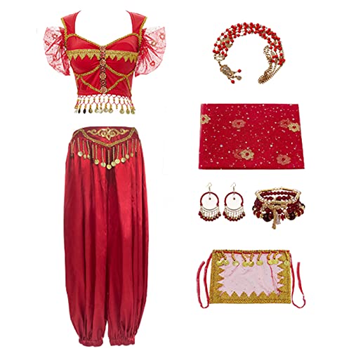 Hallojojo Damen Prinzessin Jasmin Kostüm mit Zubehör Arabische Prinzessin Verkleidung Prinzessin Aladdin Kostüm Bauchtanz Outfit Halloween Karneval Party Bühnenauftritt Kostüm für Erwachsene von Hallojojo