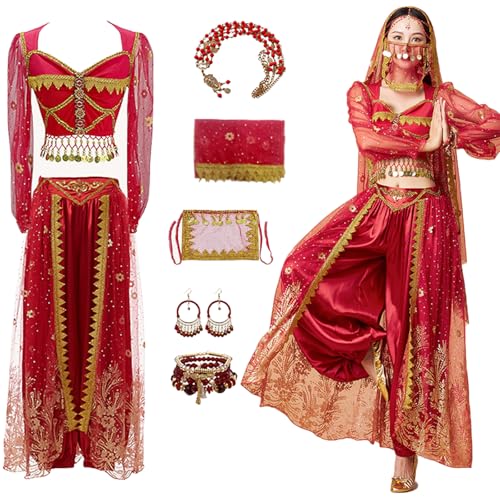 Hallojojo Damen Prinzessin Jasmin Kostüm mit Zubehör Arabische Prinzessin Verkleidung Prinzessin Aladdin Kostüm Bauchtanz Outfit Halloween Karneval Party Bühnenauftritt Kostüm für Erwachsene von Hallojojo