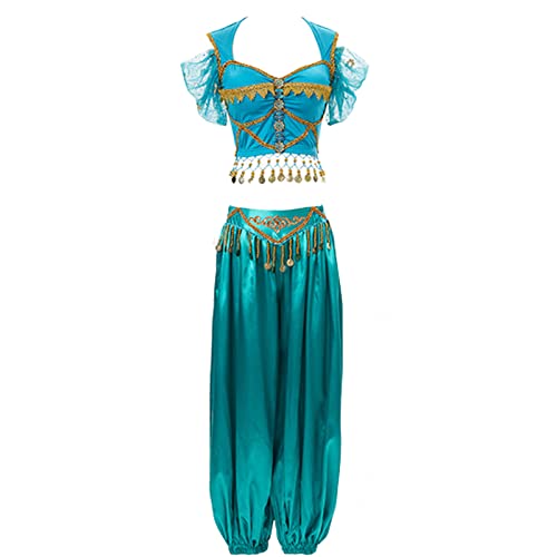 Hallojojo Damen Prinzessin Jasmin Kostüm mit Zubehör Arabische Prinzessin Verkleidung Prinzessin Aladdin Kostüm Bauchtanz Outfit Halloween Karneval Party Bühnenauftritt Kostüm für Erwachsene von Hallojojo