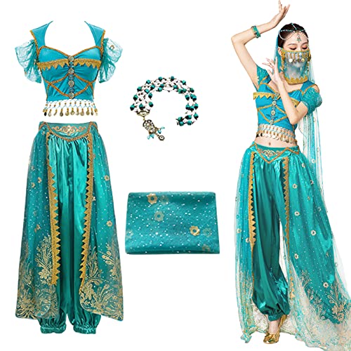 Hallojojo Damen Prinzessin Jasmin Kostüm mit Zubehör Arabische Prinzessin Verkleidung Prinzessin Aladdin Kostüm Bauchtanz Outfit Halloween Karneval Party Bühnenauftritt Kostüm für Erwachsene von Hallojojo