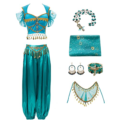 Hallojojo Damen Prinzessin Jasmin Kostüm mit Zubehör Arabische Prinzessin Verkleidung Prinzessin Aladdin Kostüm Bauchtanz Outfit Halloween Karneval Party Bühnenauftritt Kostüm für Erwachsene von Hallojojo