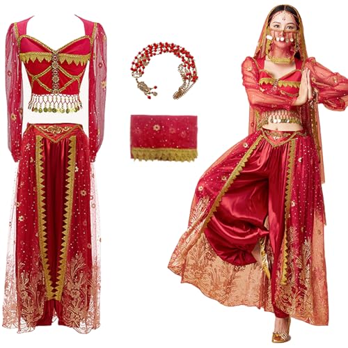 Hallojojo Damen Prinzessin Jasmin Kostüm mit Zubehör Arabische Prinzessin Verkleidung Prinzessin Aladdin Kostüm Bauchtanz Outfit Halloween Karneval Party Bühnenauftritt Kostüm für Erwachsene von Hallojojo