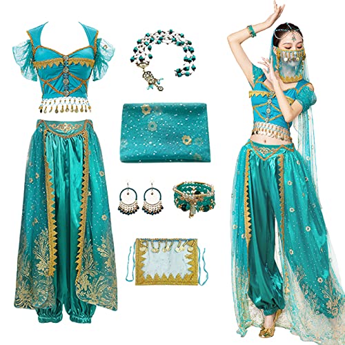 Hallojojo Damen Prinzessin Jasmin Kostüm mit Zubehör Arabische Prinzessin Verkleidung Prinzessin Aladdin Kostüm Bauchtanz Outfit Halloween Karneval Party Bühnenauftritt Kostüm für Erwachsene von Hallojojo