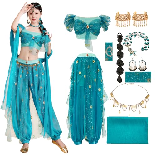 Hallojojo Damen Prinzessin Jasmin Kostüm mit Zubehör Arabische Prinzessin Verkleidung Prinzessin Aladdin Kostüm Bauchtanz Outfit Halloween Karneval Party Bühnenauftritt Kostüm für Erwachsene von Hallojojo