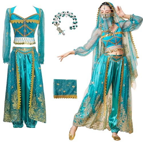 Hallojojo Damen Prinzessin Jasmin Kostüm mit Zubehör Arabische Prinzessin Verkleidung Prinzessin Aladdin Kostüm Bauchtanz Outfit Halloween Karneval Party Bühnenauftritt Kostüm für Erwachsene von Hallojojo